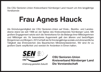 Traueranzeige von Agnes Hauck von Pegnitz-Zeitung